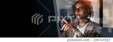 Foreign women working in the office and digital data Horizontal visuals for banners and advertisements Foreign women working in the office and digital data Horizontal visuals for banners and advertisements 106314567