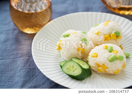 Corn and edamame rice balls Corn and edamame rice balls 106314737