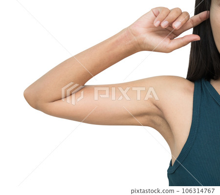 Sagging Flabby skin Arm Naked, Slim Hand Woman isolated on white background, Surgery Excess Fat Female, Aesthetic Medicine Control Weight Diet Fitness, Mass Muscle Loss, Aging of Elderly Lady. 106314767