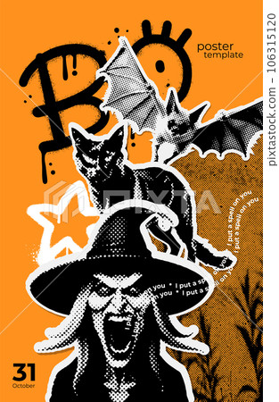 Halloween halftone collage poster pemplate with mixed media design effect. Scary Witch monster with black cat and bat. Spooky modern cut out elements anf graffiti text Boo. Vector illustration 106315120