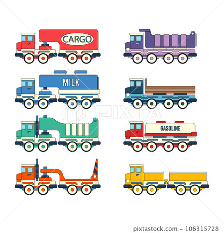 Color vector icon with toys truck set. Engaging and interactive toys that spark creativity and imagination. Made for kids. Encourage playtime and ignite the joy of discovery with popular childrens toy Color vector icon with toys truck set. Engaging and interactive toys that spark creativity and imagination. Made for kids. Encourage playtime and ignite the joy of discovery with popular childrens toy 106315728