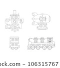 Line vector icon set with toy car,train, boat, dirigible. Toys that spark creativity and imagination. Created for kids. Encourage playtime and ignite the joy of discovery with popular childrens toys. 106315767