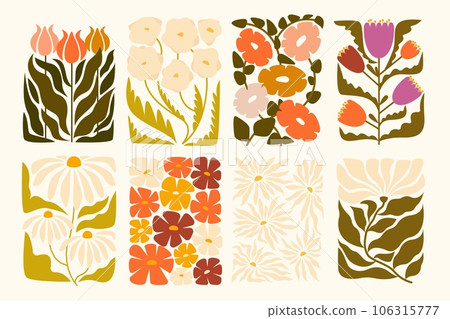 Flowers interior painting. Floral bouquet in vase, colorful natural botanical decoration for home interior design, spring floral wallpaper. Vector cartoon set Flowers interior painting. Floral bouquet in vase, colorful natural botanical decoration for home interior design, spring floral wallpaper. Vector cartoon set 106315777
