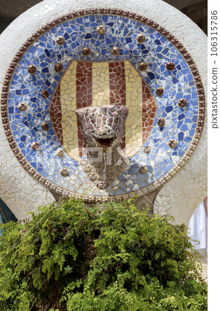 Gaudi's Ceramic Artistry in Park Guell's Old Fountain 106315786