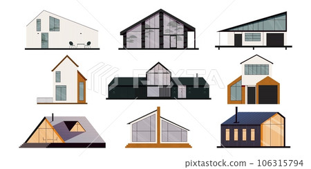 Modern houses. Cartoon cottage and villa, modern residential buildings with garage and porch, flat country estate with terrace. Vector isolated set 106315794