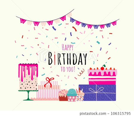 Birthday celebration cake card. Greeting calligraphy text with cute colorful muffins and candies. Vector surprise party invitation card 106315795