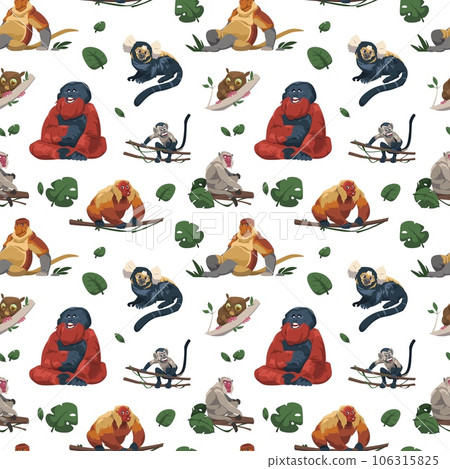 Monkey pattern. Seamless tropical print with funny jungle primate characters, endless backdrop with different species of apes. Vector cartoon texture 106315825