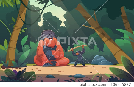 Monkeys in jungle. Wildlife exotic landscape with cute apes on palm foliage, cartoon primates climbing lianas and trees in tropical forest. Vector flat background 106315827