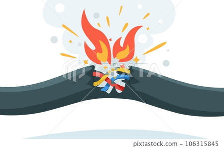 Cable short circuit. Electric wiring problem with damaged insulation, electric cable overload, fire hazard and smoke. Vector emergency isolated illustration 106315845