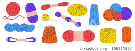 Wool and spool collection. Cartoon handmade spool with thread yarn, colorful handmade textile equipment for sewing. Vector knitting and sewing set Wool and spool collection. Cartoon handmade spool with thread yarn, colorful handmade textile equipment for sewing. Vector knitting and sewing set 106315852