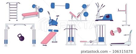 Training sport machines. Fitness equipment with barbells, dumbbells and mats, runner cycling bike and running cross trainer. Vector set Training sport machines. Fitness equipment with barbells, dumbbells and mats, runner cycling bike and running cross trainer. Vector set 106315878