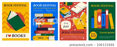 Books posters. Abstract modern covers of fiction and education genre, book festival banners. Summer magazine design vector concept 106315888