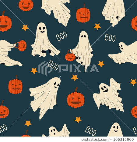 Baby ghost pattern. Seamless print of cute scary Halloween character in white sheets, october night celebration wallpaper. Vector texture 106315900