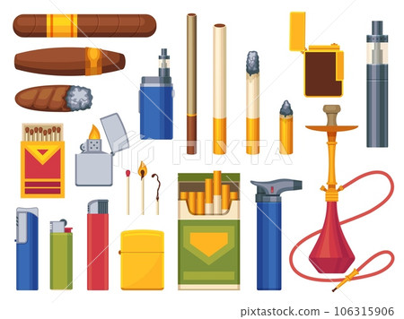 Smoker addiction collection. Cartoon cigarette, cigar and hookah with fire, tobacco and smoke accessories, habit product icons. Vector isolated set 106315906