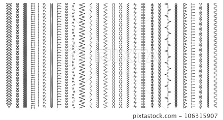 Black stitches collection. Seamless print of decorative cross stitch patterns, old fashion embroidery lace brush thread design. Vector set 106315907