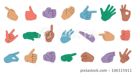 Colorful hands collection. Human arm and hand gestures, people gestures with fingers, point, shake, fist and hand sign. Vector flat set Colorful hands collection. Human arm and hand gestures, people gestures with fingers, point, shake, fist and hand sign. Vector flat set 106315911