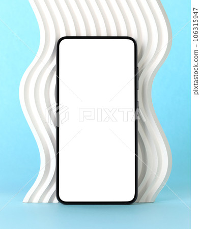 Smart Phone with blank screen on a white decor wave, on turquoise background Smart Phone with blank screen on a white decor wave, on turquoise background 106315947