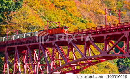 秋天的黑部峽谷:新山彥橋上行駛的小火車 秋天的黑部峽谷:新山彥橋上行駛的小火車 106316018