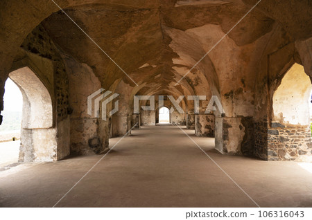 Interiors of Rani Rupmati Pavilion constructed on the edge of the precipice overlooking Nimar Valley  originally been a watchtower located in Mandu, Madhya Pradesh, India 106316043