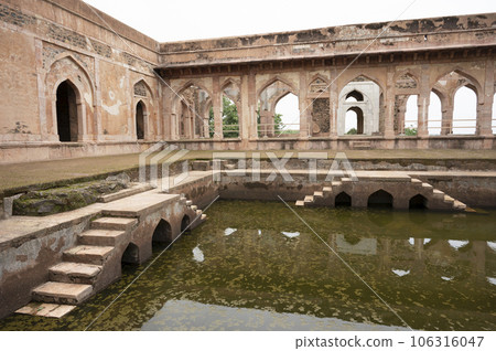 Baz Bahadur's Palace,  built on the hill slope to the east of the Rewa Kund which was frequently visited by his beloved Rani Rupati,  located in Mandu, Madhya Pradesh, India 106316047