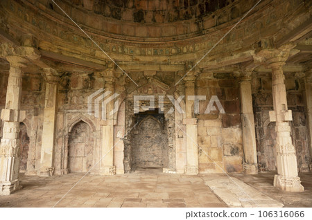 Carved pillars inside the Malik Mughith's Mosque, built A.D. 1452, belongs to the first phase of Mulsim architecture in Malwa, Mandu, Madhya Pradesh, India Carved pillars inside the Malik Mughith's Mosque, built A.D. 1452, belongs to the first phase of Mulsim architecture in Malwa, Mandu, Madhya Pradesh, India 106316066