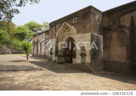 Entrance of the Samadhi of Shrimant Bajirao Peshwa First, situated on the banks of River Narmada, Raverkhedi, Madhya Pradesh, India 106316129
