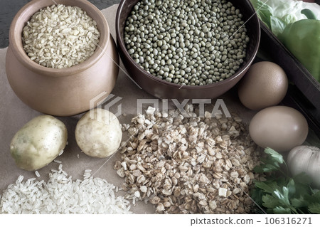 Assortment of natural food ingredients, healthy food concept. 106316271