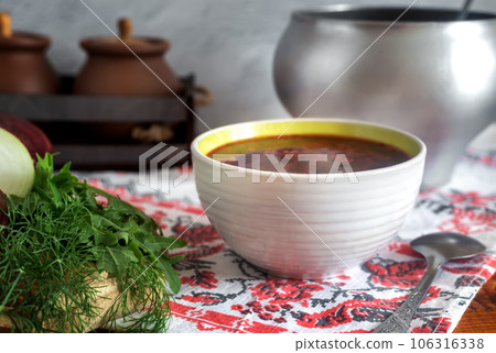 Ukrainian borscht, cooked in aluminum cast iron. Ukrainian borscht, cooked in aluminum cast iron. 106316338