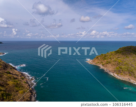 Aerial view seashore with mountains at Phuket Thailand, Beautiful seacoast view at open sea in summer season, Nature recovered Environment and Travel background 106316445