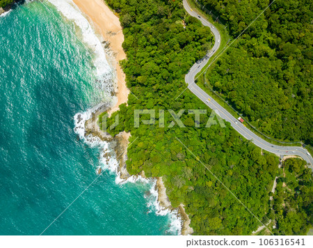 Aerial view seashore with mountains at Phuket Thailand, Beautiful seacoast view at open sea in summer season, Nature recovered Environment and Travel background Aerial view seashore with mountains at Phuket Thailand, Beautiful seacoast view at open sea in summer season, Nature recovered Environment and Travel background 106316541