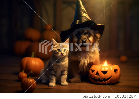 A dog and a cat in fancy costume with jack o'lantern pumpkin and Halloween decorations, adorable pet in Halloween concept. 106317297