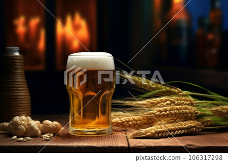 A glass of beer and barley on the wooden table with bokeh and dark background in brewery, craft beer, Internationnal beer day and oktoberfest concept. Generative AI 106317298