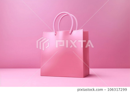 A pastel pink leather shopping bag isolated on pink background, mock up, no brand, cosmetic, fashion, beauty product advertising, valentine's day promotion, online shopping. Generative AI 106317299