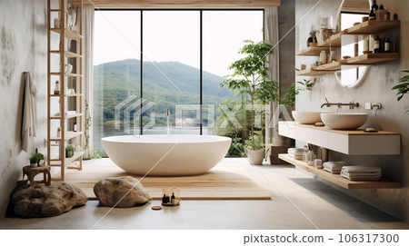 Bathroom interior design with mountain view, his and hers double basin and round mirror, in neutral color modern minimalist japandi 3D interior illustration. Generative AI Bathroom interior design with mountain view, his and hers double basin and round mirror, in neutral color modern minimalist japandi 3D interior illustration. Generative AI 106317300