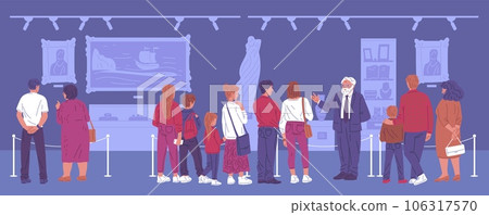 Museum visitors standing in art gallery, listening to the male tour guide, vector illustration of excursion on dark Museum visitors standing in art gallery, listening to the male tour guide, vector illustration of excursion on dark 106317570