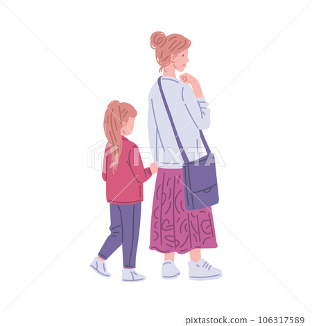 Woman walking hand in hand with daughter flat style, vector illustration Woman walking hand in hand with daughter flat style, vector illustration 106317589