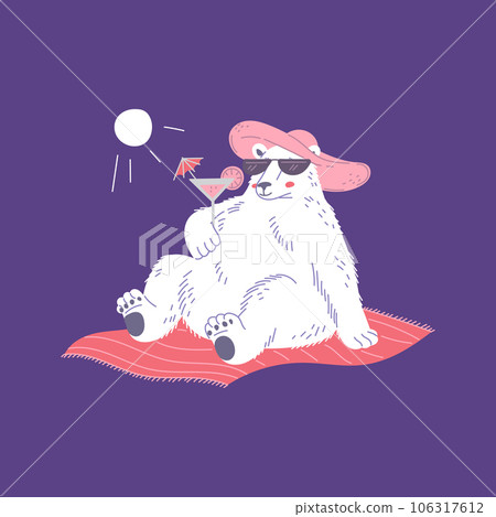 Funny polar bear in wide-brimmed hat and sunglasses sitting with cocktail flat style 106317612