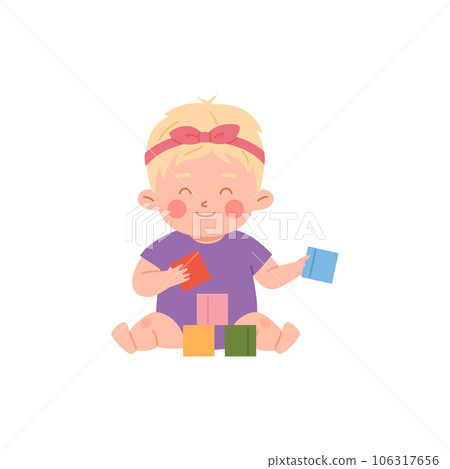 Cute baby playing with colorful cubes, cartoon flat vector illustration isolated on white background. Cute baby playing with colorful cubes, cartoon flat vector illustration isolated on white background. 106317656