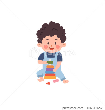 Cheerful toddler boy sitting collects pyramid of colored rings, cute baby playing toys, constructor vector illustration Cheerful toddler boy sitting collects pyramid of colored rings, cute baby playing toys, constructor vector illustration 106317657