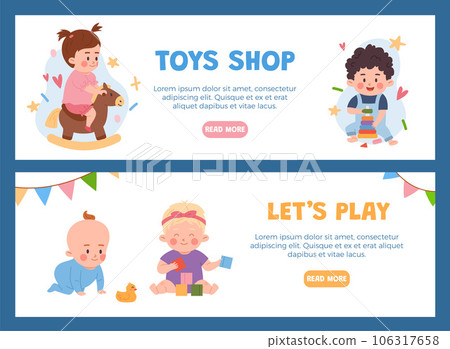 Cute babies playing toys vector flyers set, toddlers collects pyramid, rides on rocking horse, cartoon toys shop banners Cute babies playing toys vector flyers set, toddlers collects pyramid, rides on rocking horse, cartoon toys shop banners 106317658