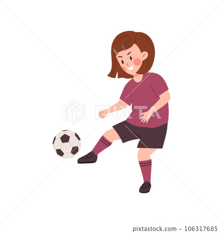 Young girl playing soccer, cartoon child in sportswear kicks the soccer ball vector illustration isolated on white Young girl playing soccer, cartoon child in sportswear kicks the soccer ball vector illustration isolated on white 106317685