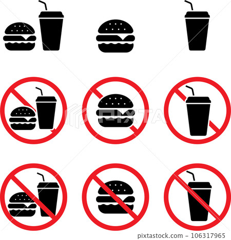 Eating and drinking prohibited pictogram set 106317965