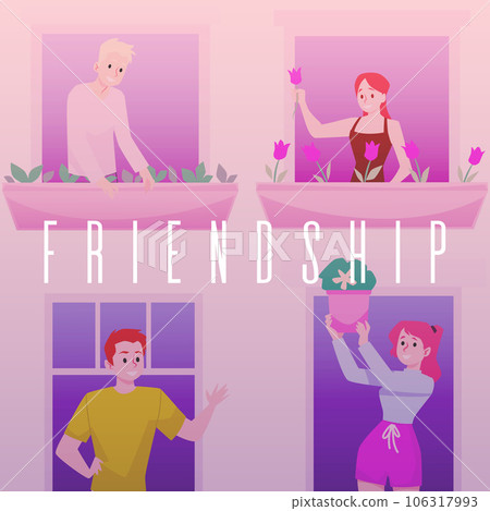 Neighbors greeting each other from balconies and windows, friendship concept poster, flat vector illustration. Neighbors greeting each other from balconies and windows, friendship concept poster, flat vector illustration. 106317993