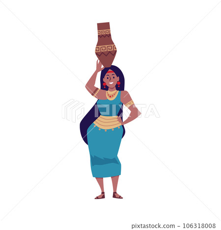 Happy Mayan woman holding vase above her head, flat vector illustration isolated on white background. 106318008