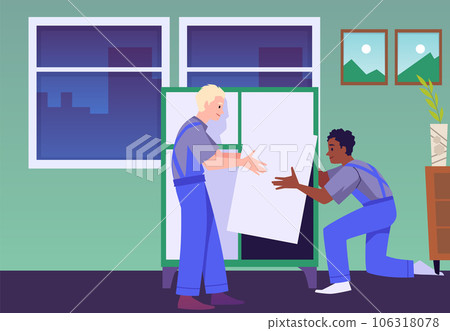 Professional handyman assembling dresser, flat vector illustration. Professional handyman assembling dresser, flat vector illustration. 106318078
