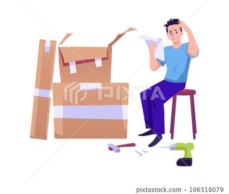 Confused man reads furniture assembly manual, flat vector illustration isolated on white background. 106318079
