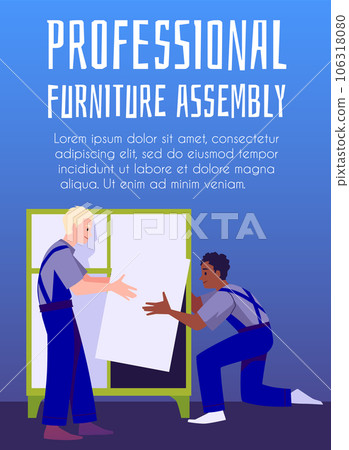 Professional furniture assembly service flat vector poster, two workers assembling dresser with white facade, green wall Professional furniture assembly service flat vector poster, two workers assembling dresser with white facade, green wall 106318080