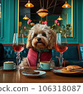 Cute dog sitting at the table in a coffee shop 106318087
