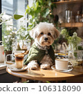 Cute dog sitting at the table in a coffee shop 106318090