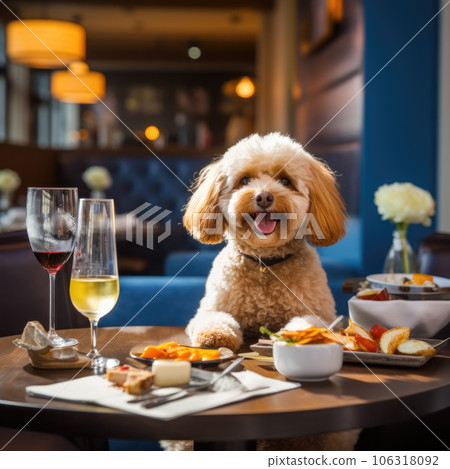 Cute dog sitting at the table in a coffee shop 106318092